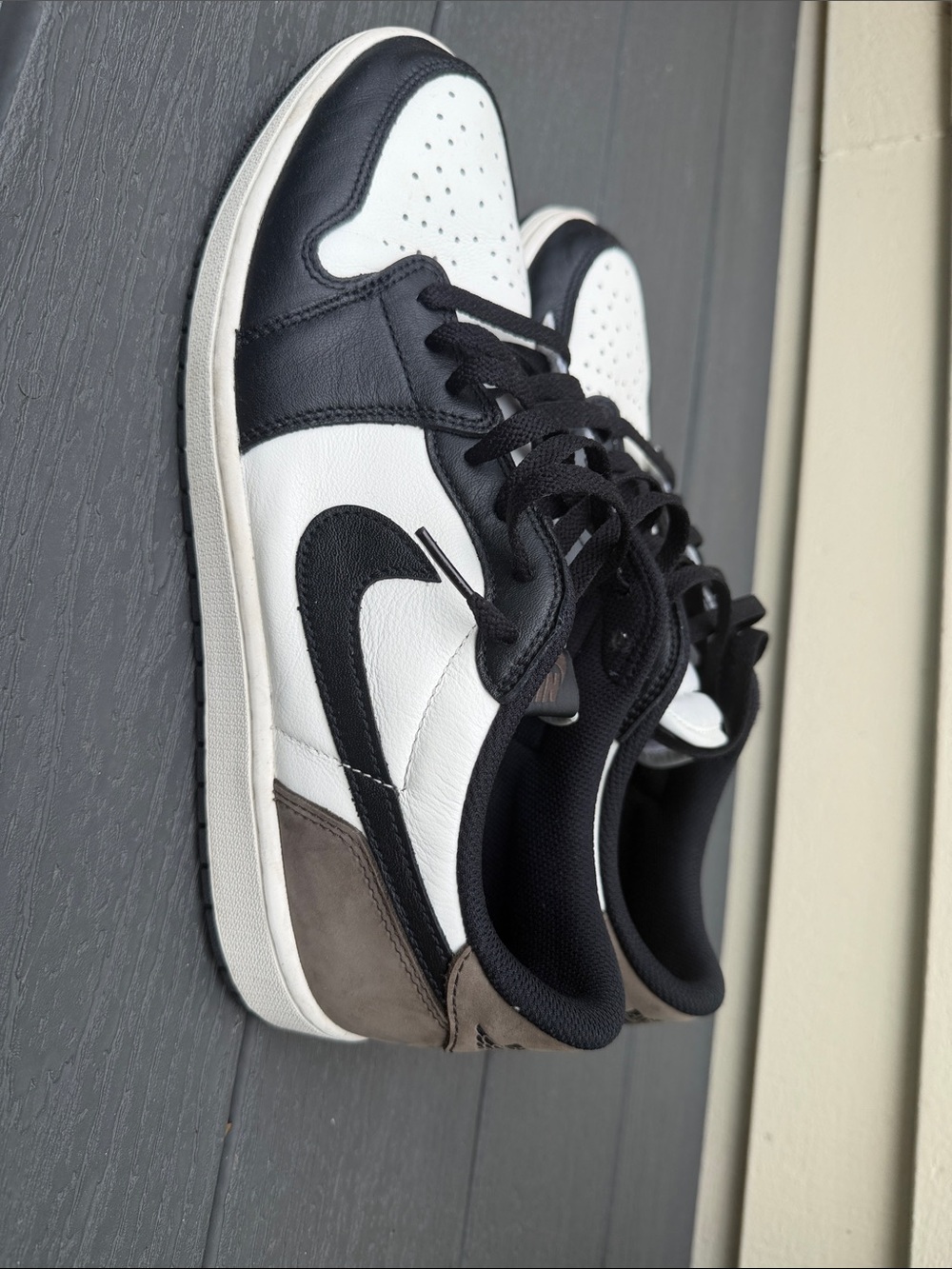 Nike Jordan 1 Low-Top Sneakers in Black, White & Brown Suede